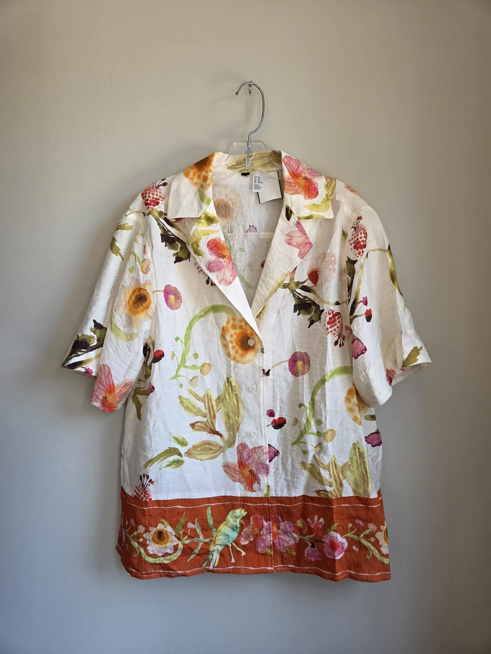Floral Birds Loose Fit Resort Camp  Button Up Short Sleeve Shirt H&M EUC XS - Picture 2 of 15
